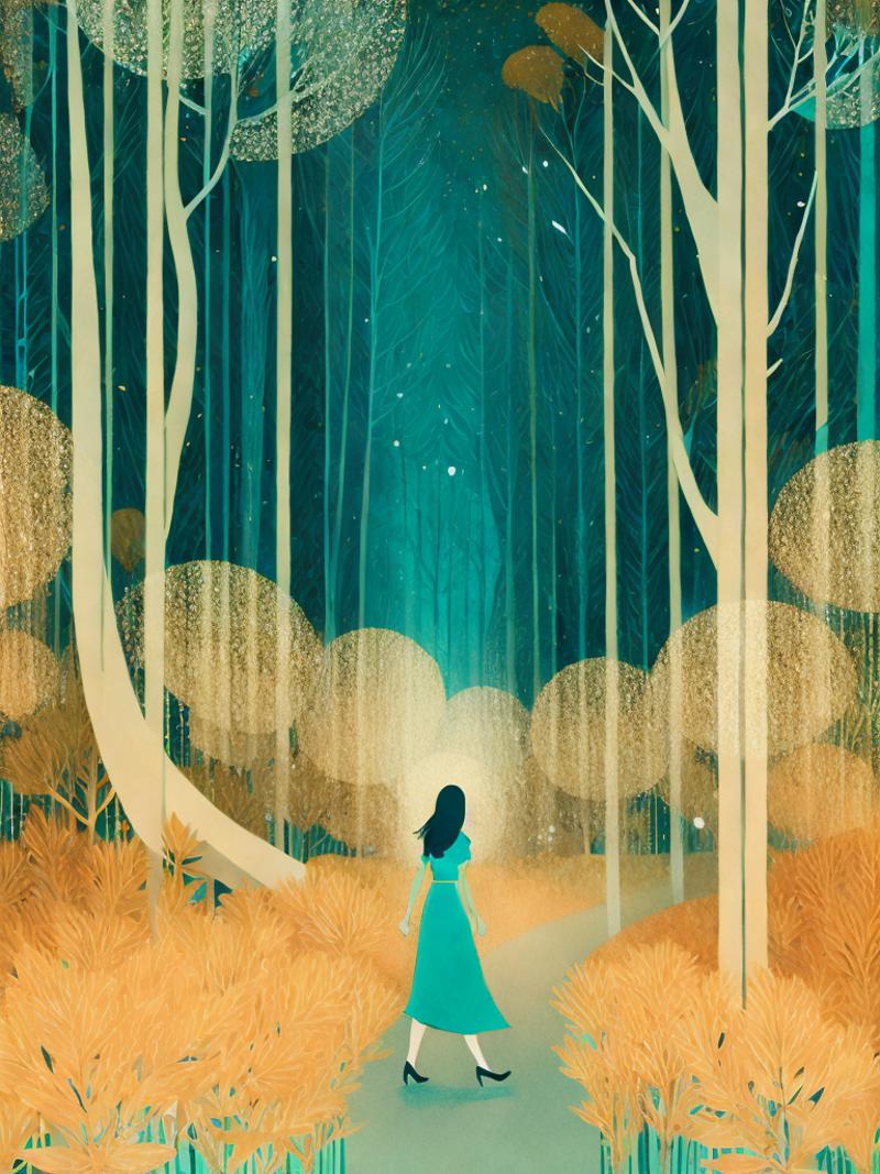 01073-1624607696-a painting of a woman walking through a forest with lots of trees and branches by Victo Ngai.png